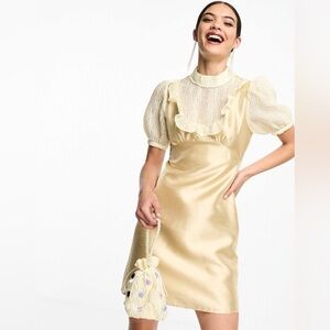 DREAM Sister Jane contrast satin jacquard lace mini dress in gold Size 8 NWT